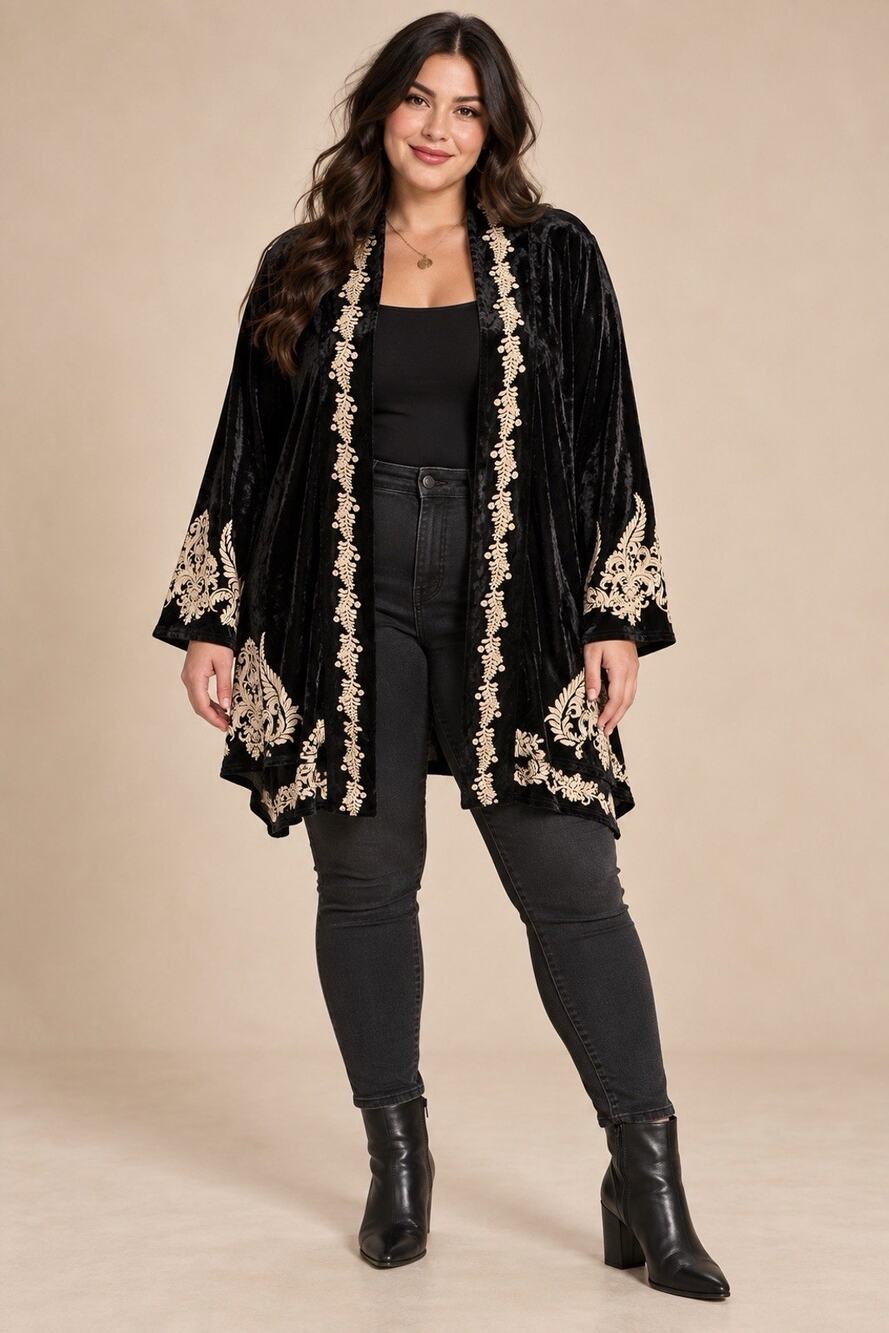 Angel Heart Boutique exclusive crushed velvet Embroidered Cardigan Collarless 1X